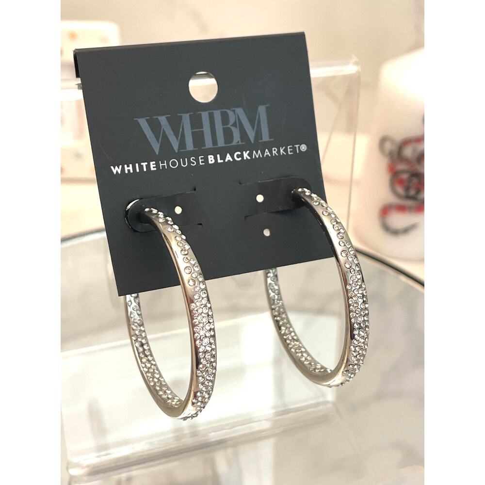 WHITE HOUSE BLACK MARKET Silver-Tone Hoop Earrings Raised Pave'/Rhinestone NWT